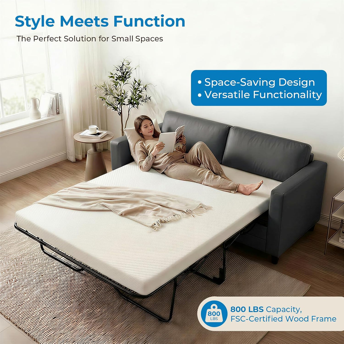Open sofa bed in a bright room with a person reclining on the mattress to illustrate space-saving use