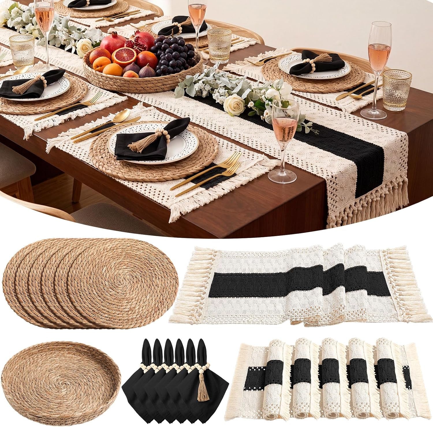 Wood table styled with braided placemats, black napkins and a cream runner featuring a wide black stripe