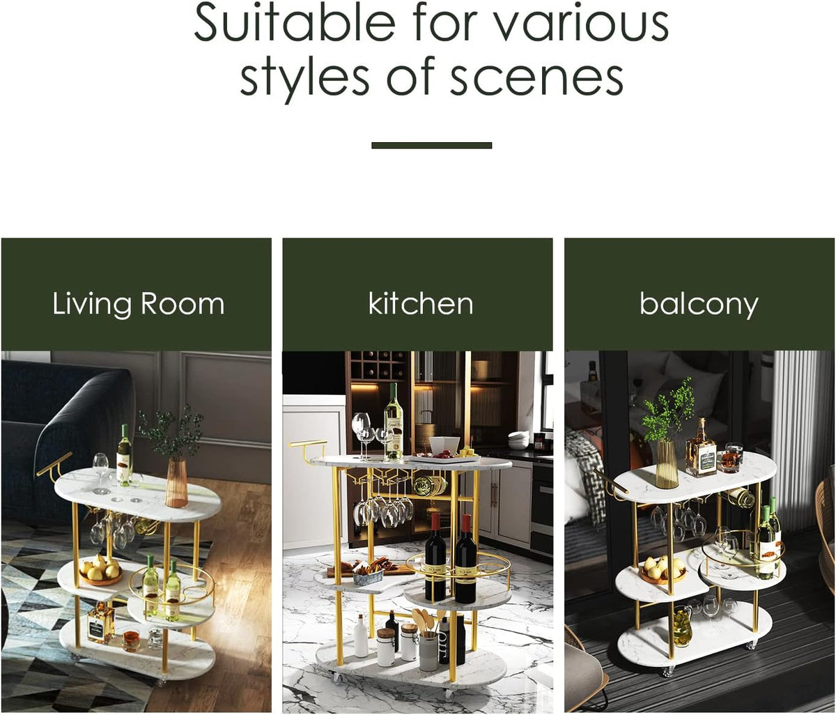Three small lifestyle scenes showing the gold bar cart placed in a living room, kitchen, and balcony.