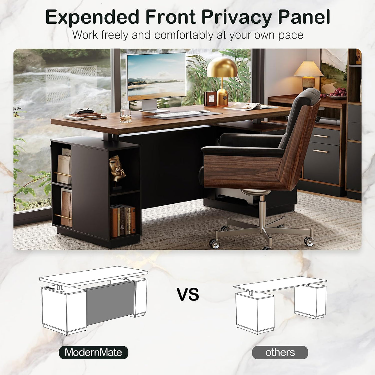 Side view of L-shaped desk highlighting extended front privacy panel, open cubby storage and a swivel office chair.