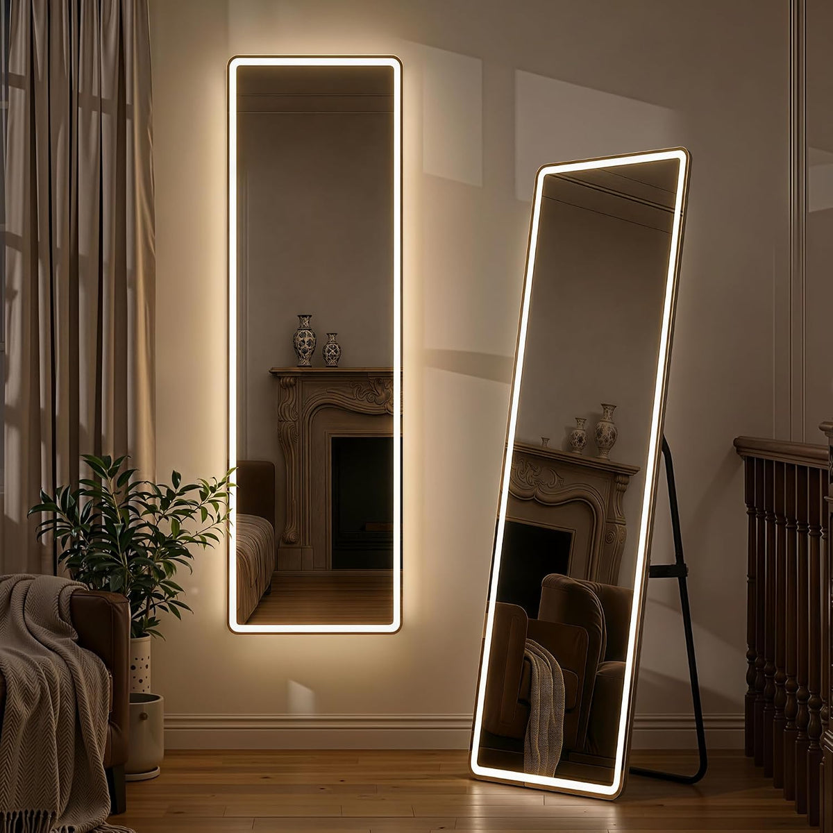 Two illuminated arched mirrors, one wall-mounted and one leaning, reflecting an ornate fireplace and vases; potted plant and