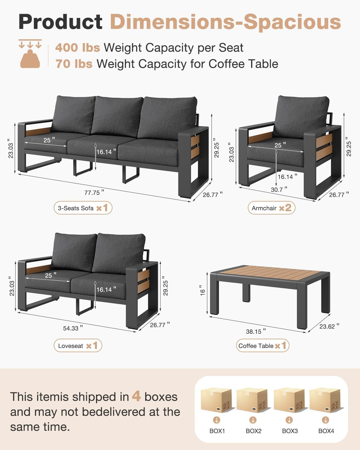 Illustrated product diagram showing dimensions for the sofa, armchair, loveseat, and coffee table in a layout.