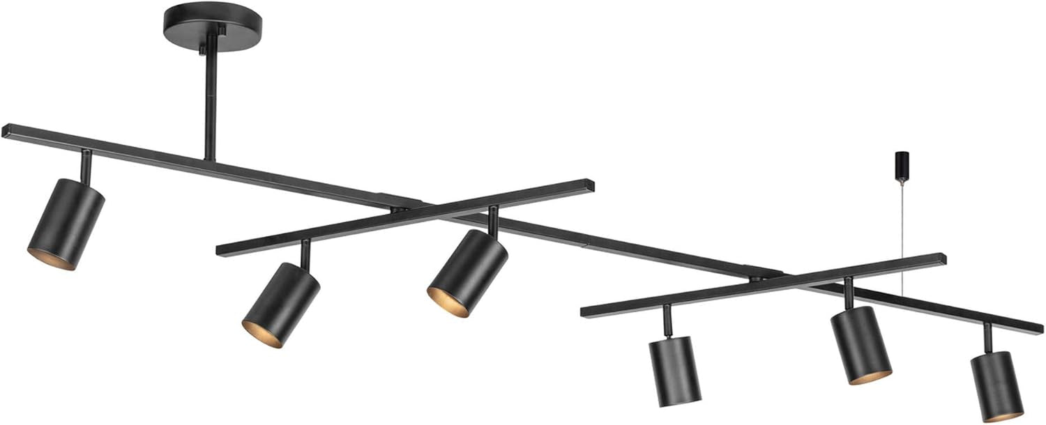 Matte black 64-inch 6-light ceiling track with six adjustable cylindrical spot heads on white background