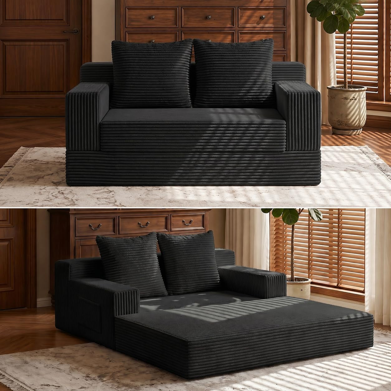 Charcoal corduroy loveseat shown upright above and opened into a low mattress below.