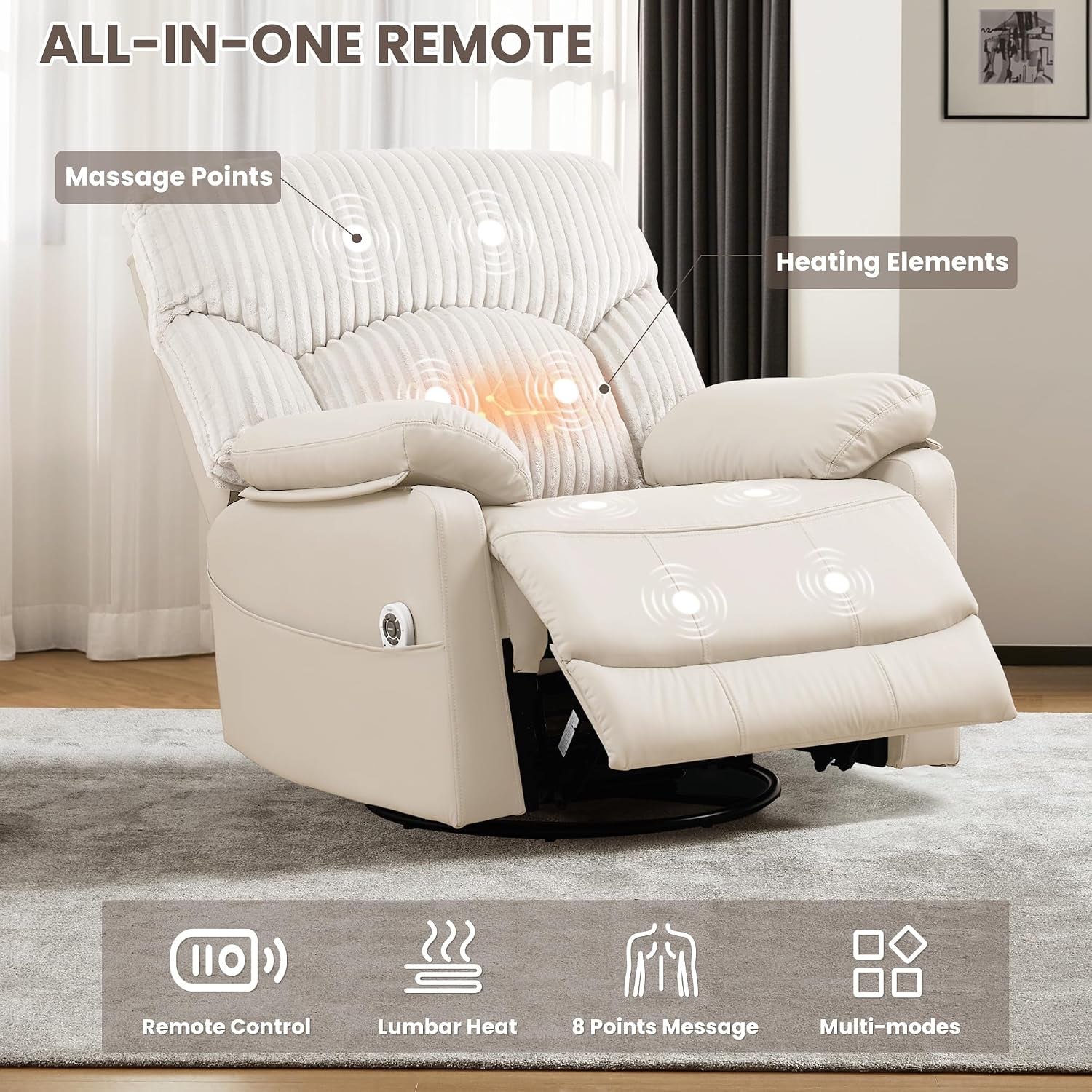 Angled front view of ivory recliner on rug showing massage point and heating element icons and feature text
