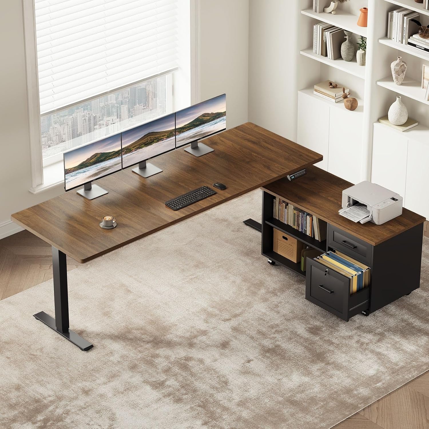 Walnut desktop with black metal legs and black storage cabinet shown in furnished home office