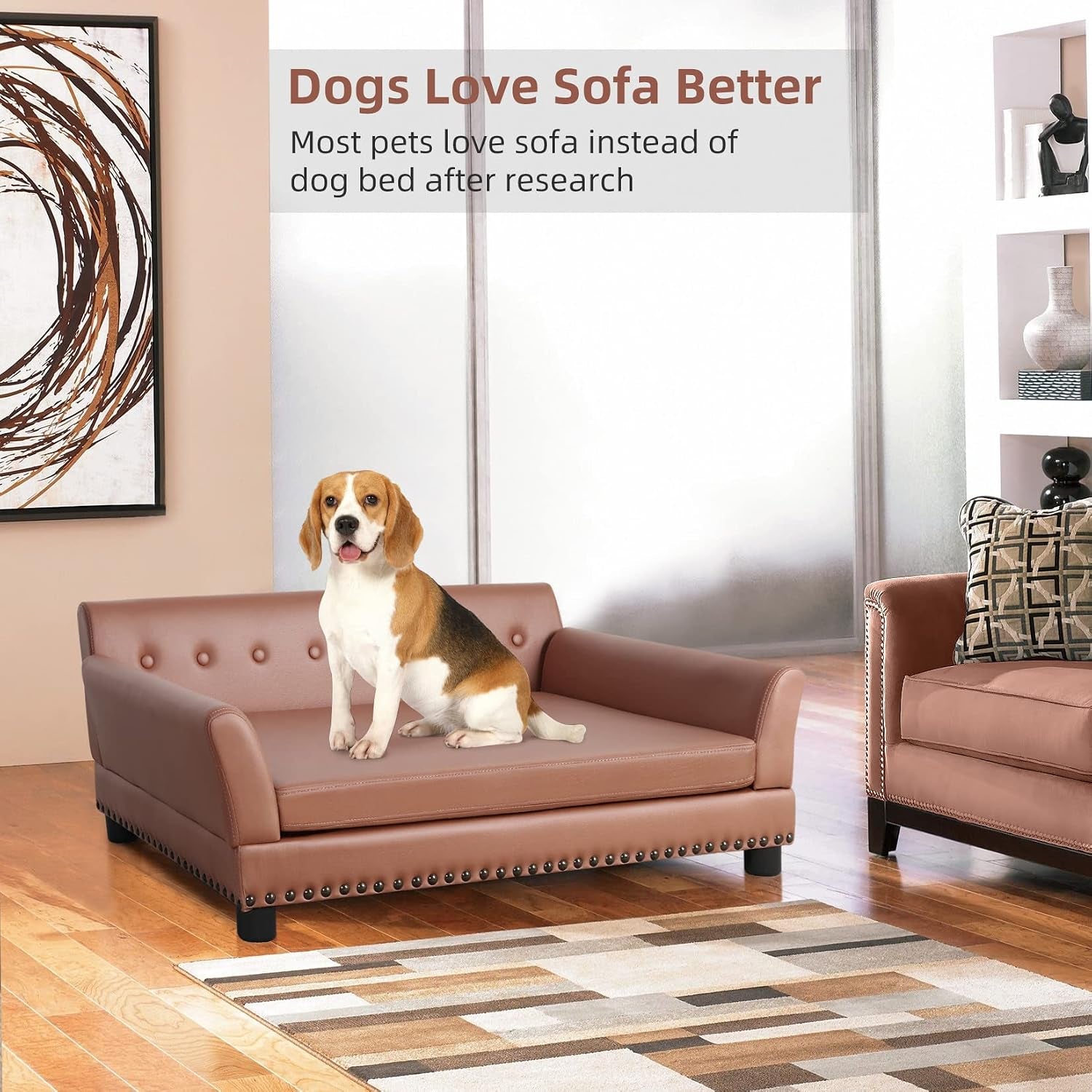Brown elevated dog sofa placed in a living room with a beagle sitting on the cushion.