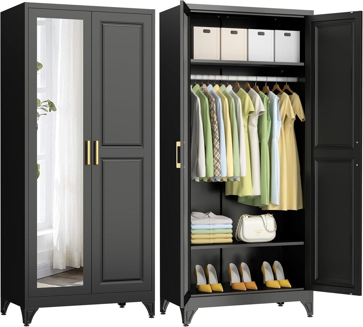 Black wardrobe variant with one mirrored door and open interior displaying hanging clothes and shoes