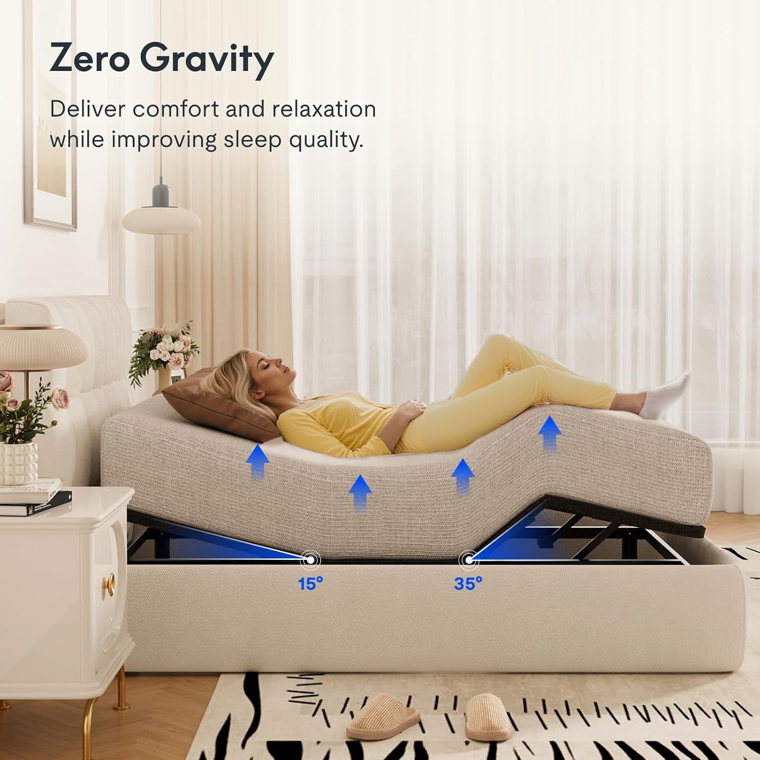 Zero‑gravity side view showing lifted torso and legs with angle callouts and upward arrows