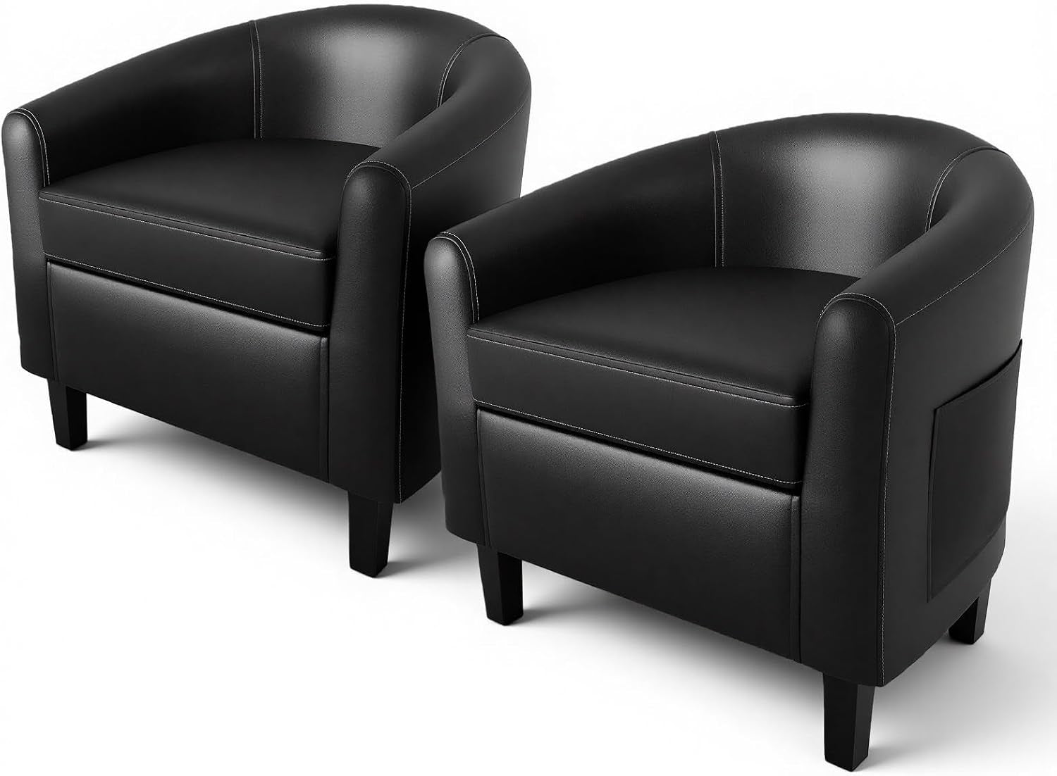 Two black barrel armchairs with rounded backs and tapered black legs shown together on white background.