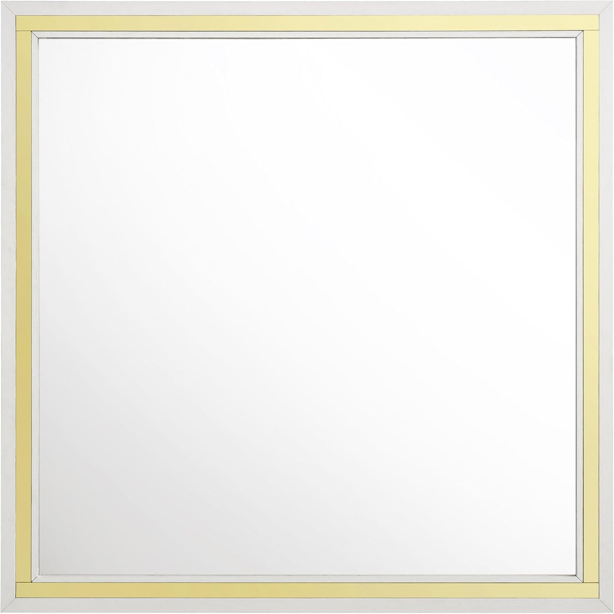 Front-facing square mirror featuring a white outer frame and a gold inner border.