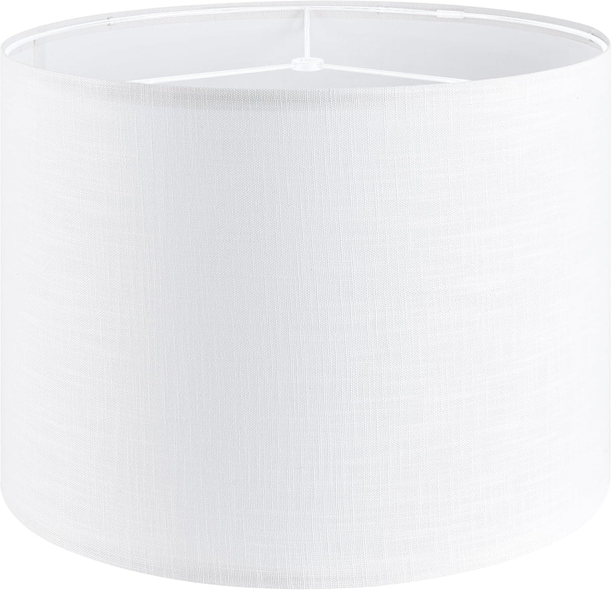 Close-up top view of a pure white linen drum lampshade showing the subtle weave and spider fitter