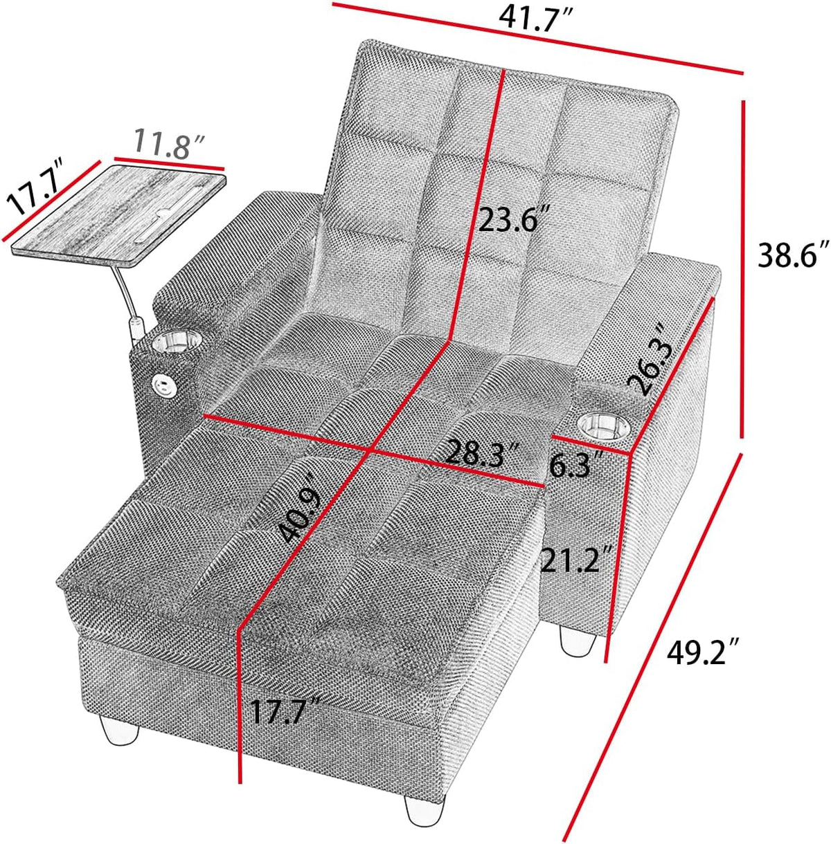Black-and-white diagram of the chaise lounge with red measurement lines showing overall and seat dimensions