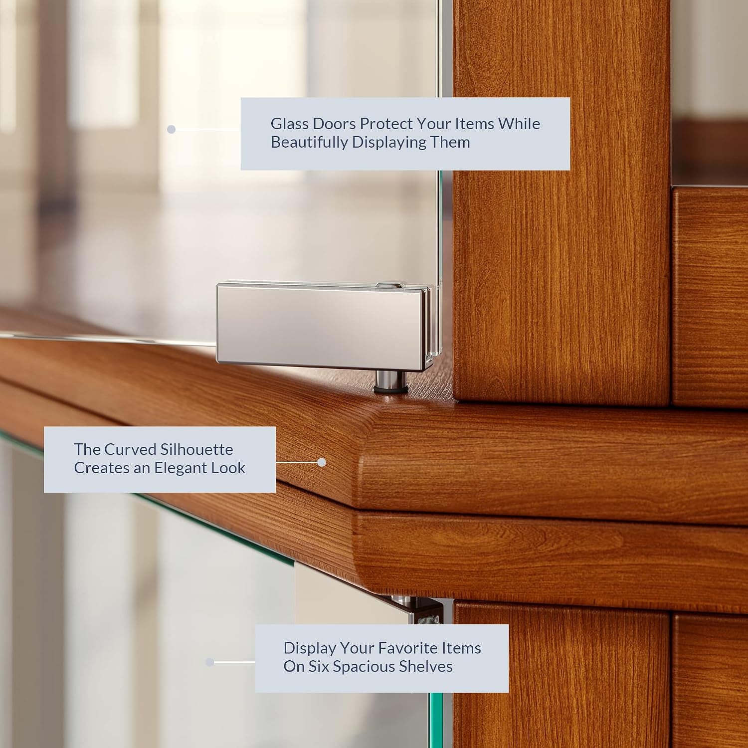Close-up of oak finish cabinet corner showing curved wood silhouette, glass door hinge, and base detail