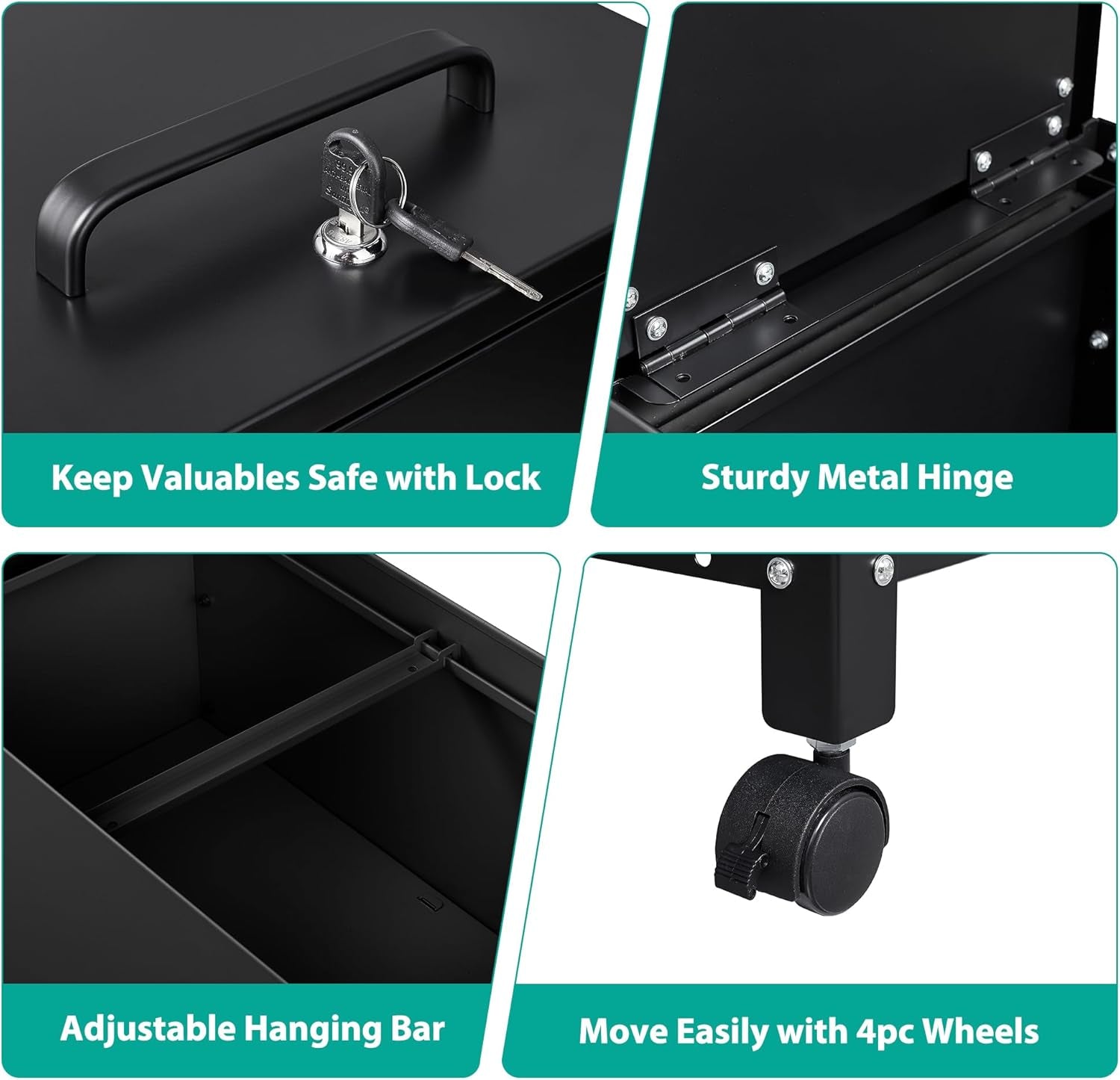 Close-up collage of lock and key, metal hinge, adjustable hanging bar and caster with brake on a black file cart