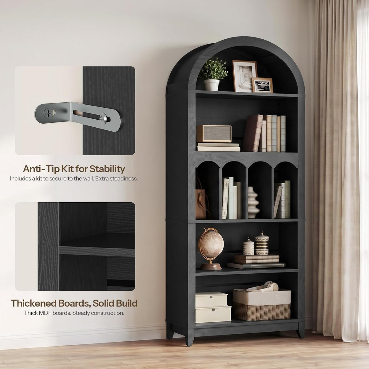 Close-up showing anti-tip hardware and thick MDF shelf edge detail on the black arched bookcase