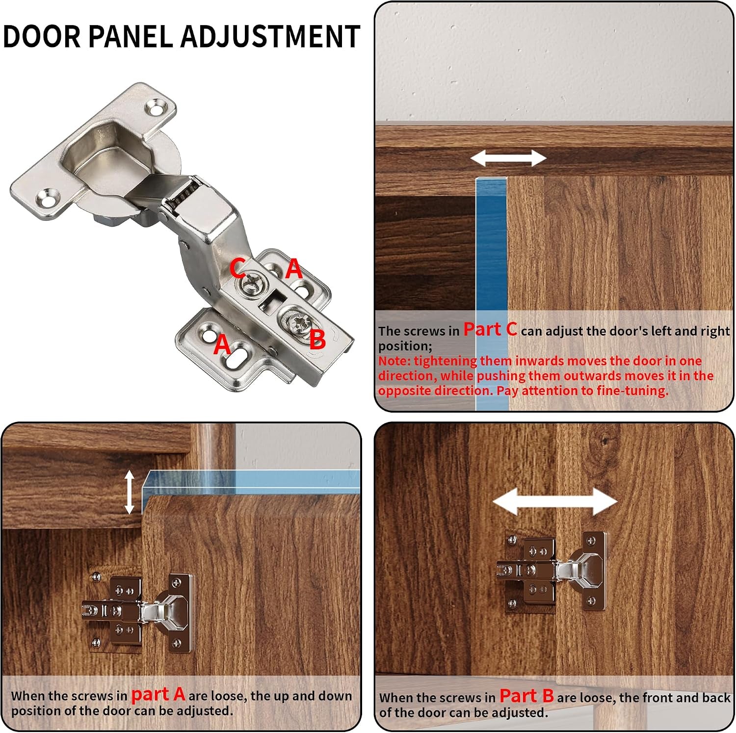Hinge adjustment diagram showing screws and arrows for vertical and horizontal door alignment