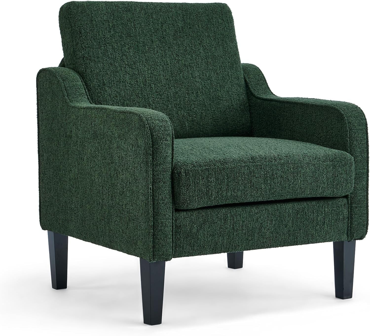 Three-quarter front view of a dark green upholstered armchair with tapered black wooden legs.