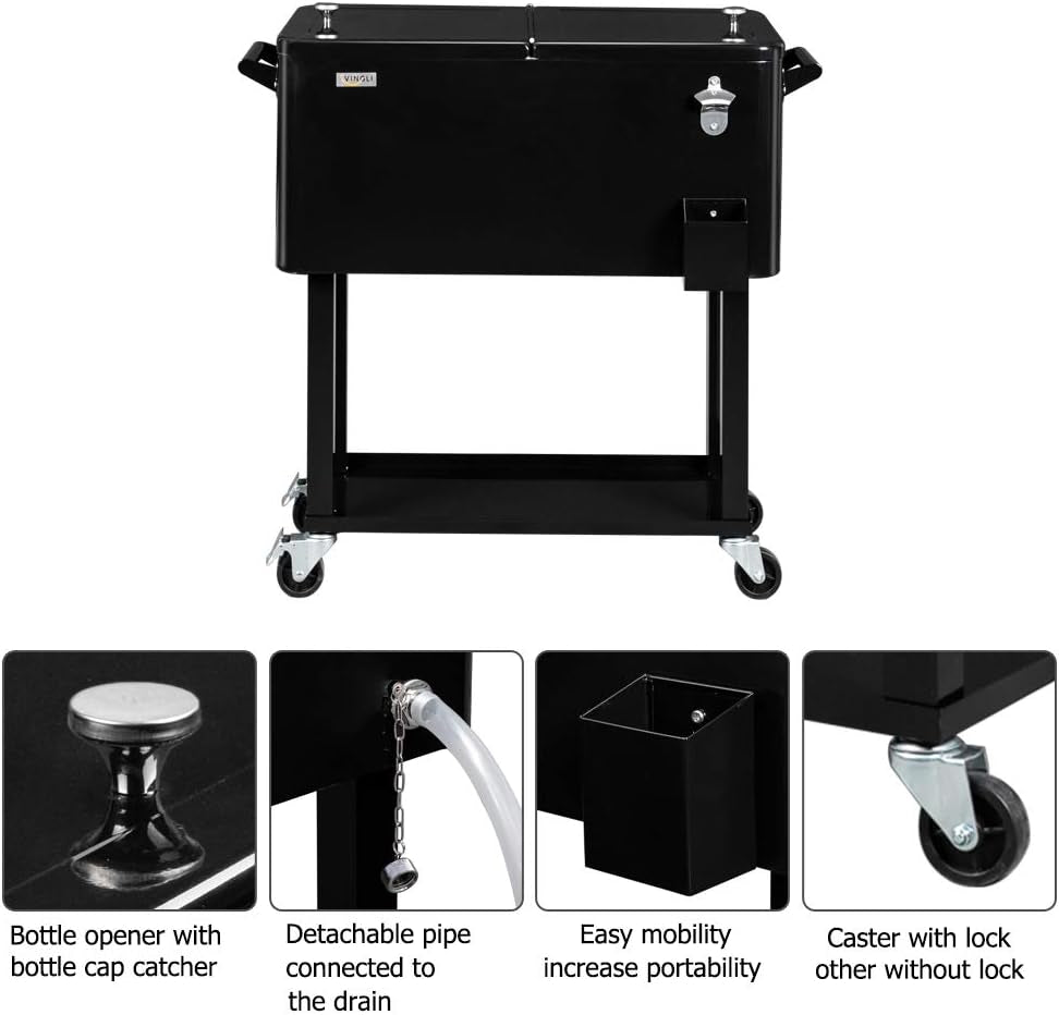 Straight-on front view of the black drink cooler on its stand above four inset detail images of opener, drain pipe