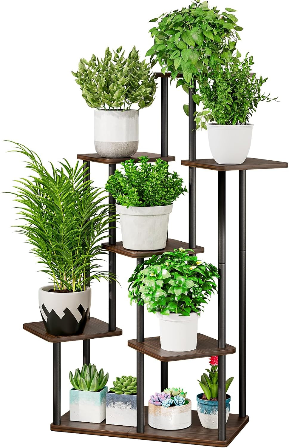 Three-quarter side view highlighting the staggered shelf columns and square planters along the bottom shelf