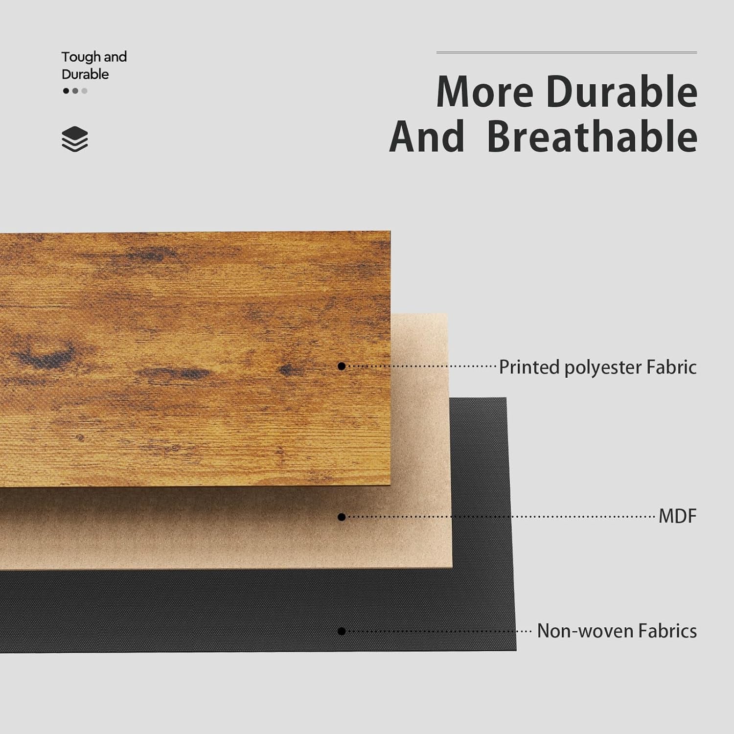 Graphic showing stacked wood-finish panel, MDF sheet and black non-woven fabric layers