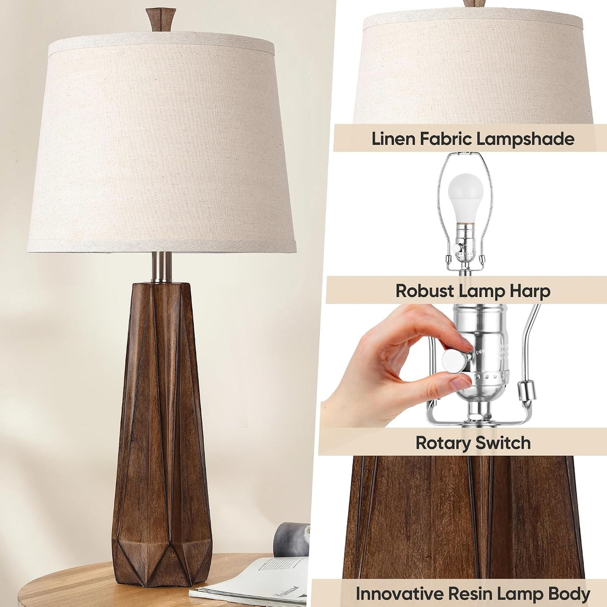 Close-up of linen fabric shade, rotary switch and carved resin wood-grain lamp base