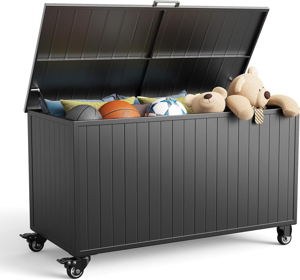 Black outdoor storage box with lid open showing pillows, balls, and stuffed animals, front‑angle with casters visible