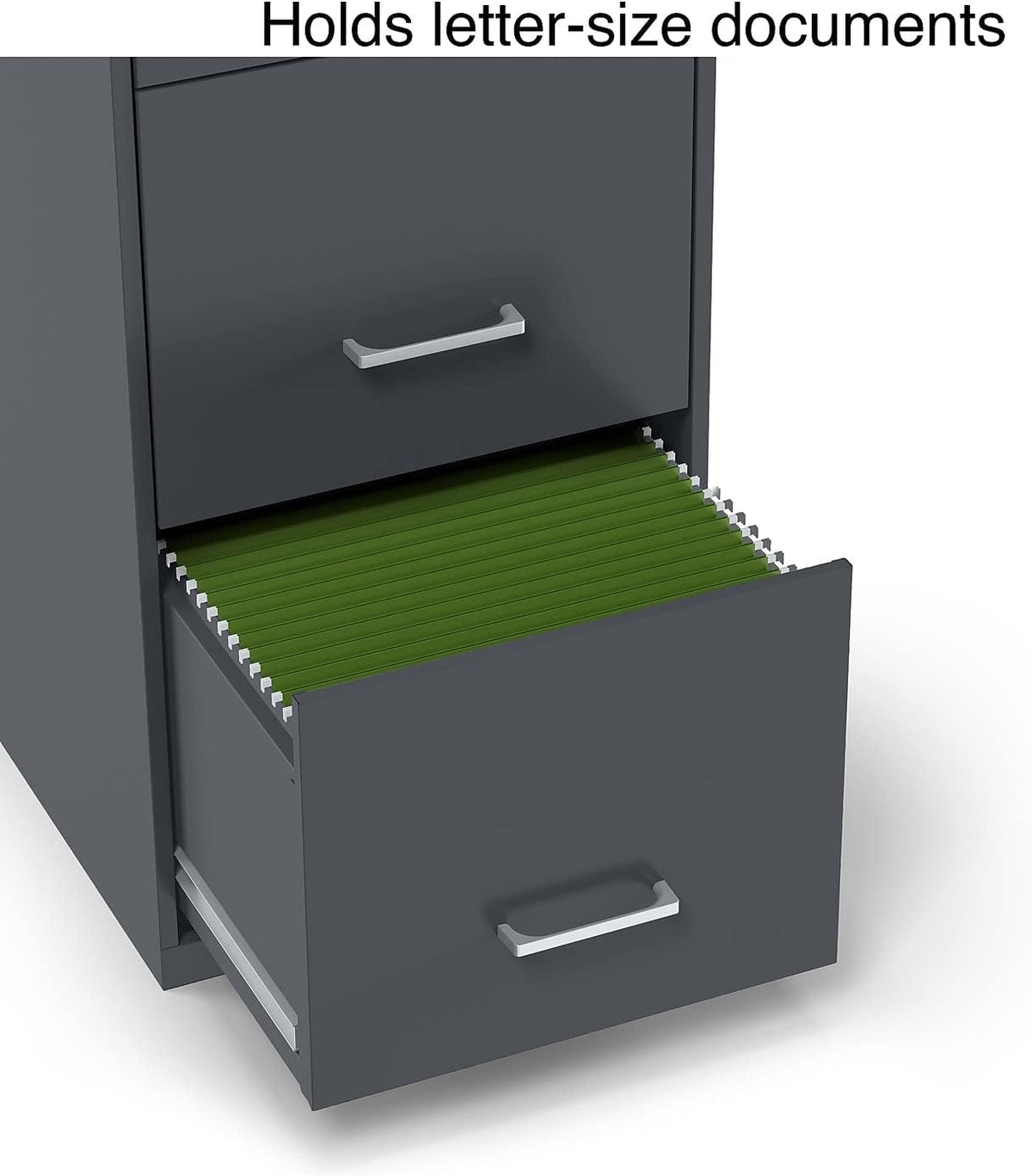 Charcoal file cabinet lower drawer open showing green letter-size hanging folders on metal rails