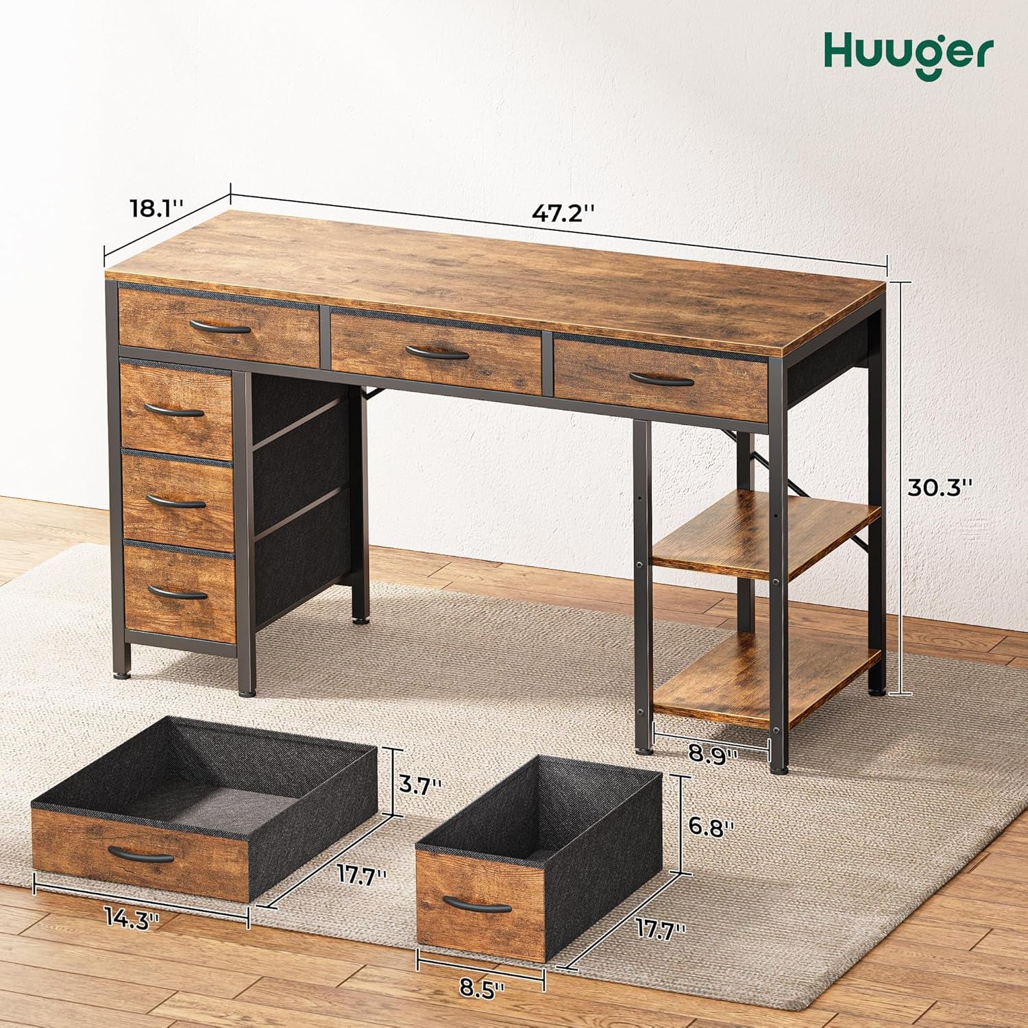 Front-right view of desk with dimension callouts and two fabric drawers displayed on the floor