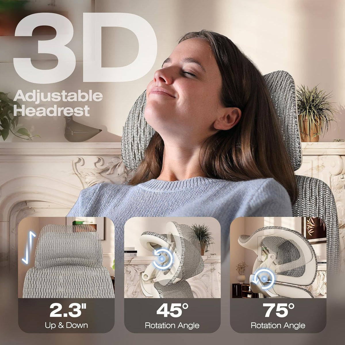 Woman reclining in grey mesh chair showing 3D adjustable headrest in relaxed pose