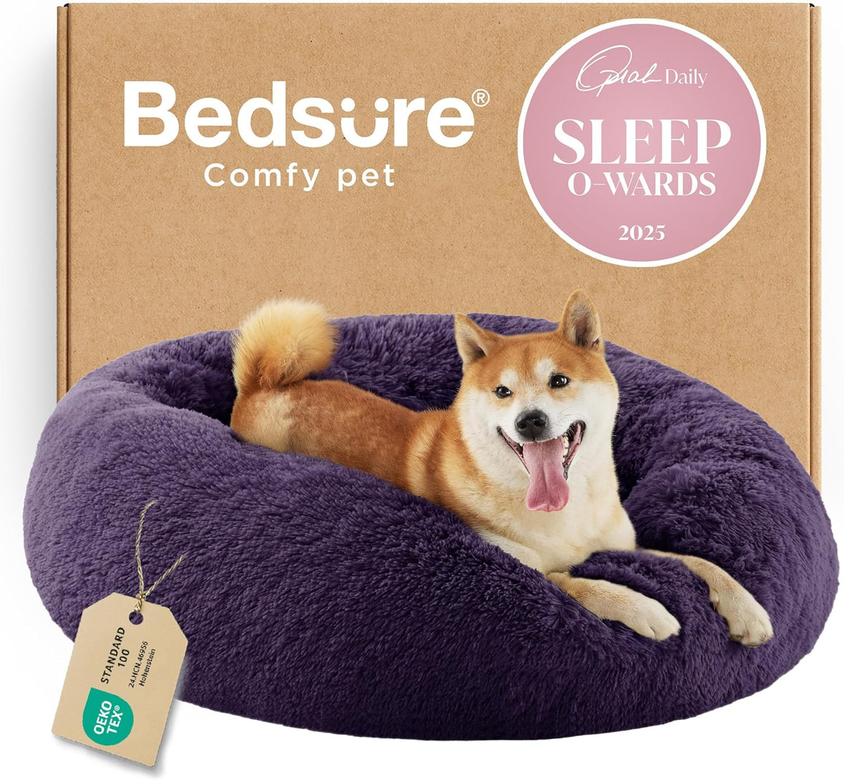 Deep purple faux-fur round donut pet bed with a happy tan dog lying inside
