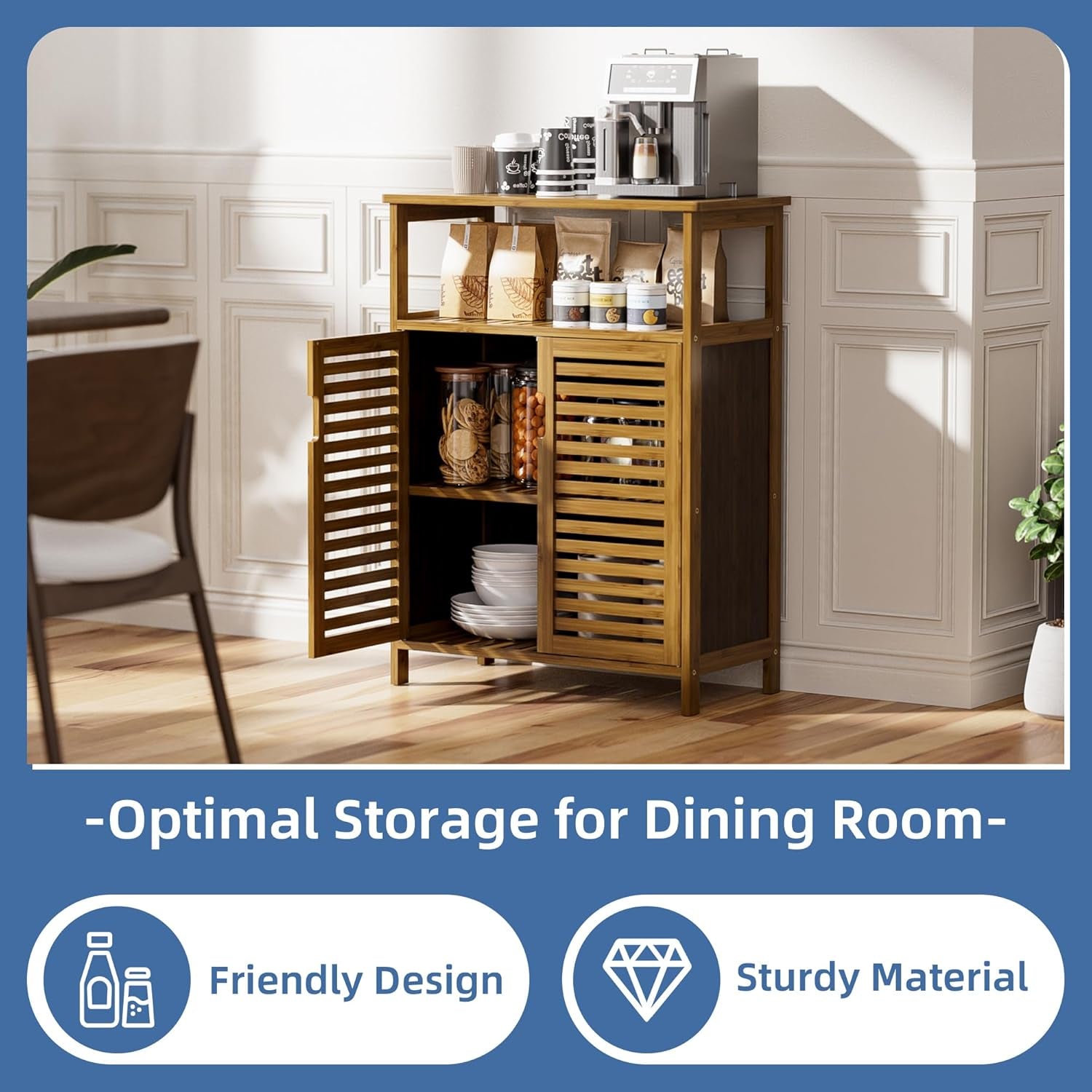 Bamboo cabinet used as dining storage with one door open revealing shelves of plates and jars, coffee maker items on top