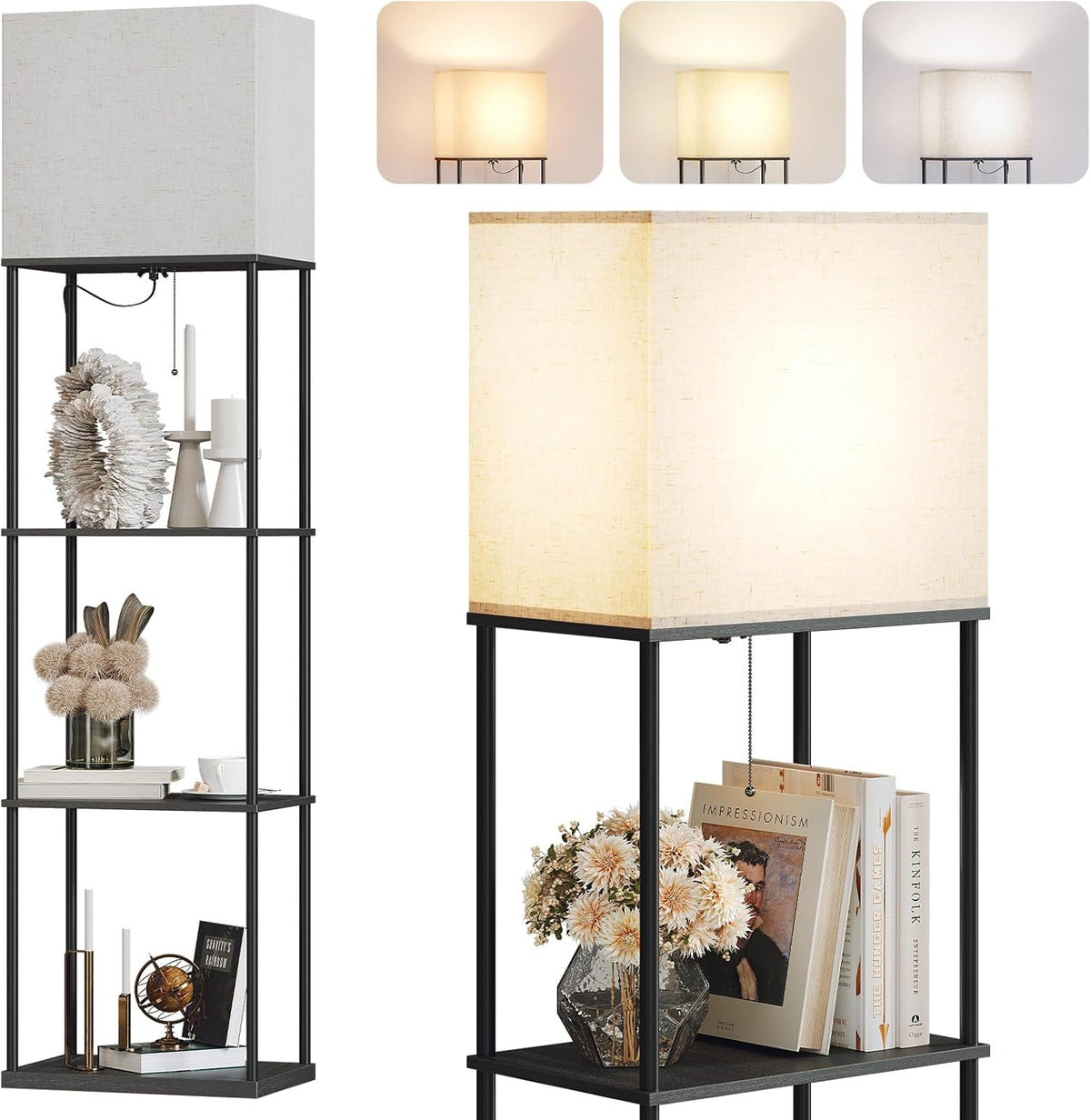 Black lamp shown with lit fabric shade and three inset images demonstrating warm to cool light modes