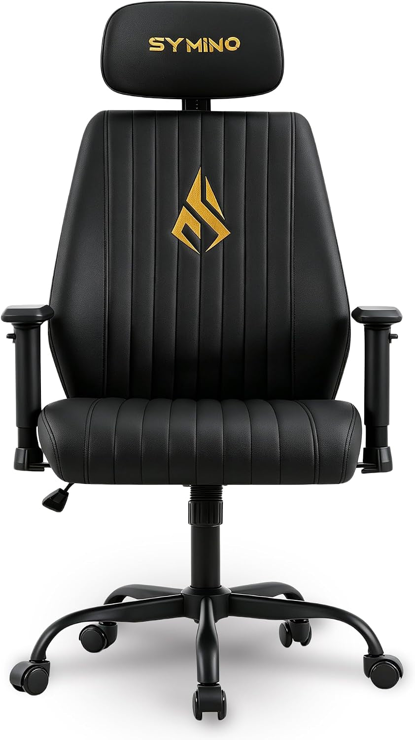 Front view of a black high-back office chair with ribbed seat, vertical stitching and adjustable armrests.