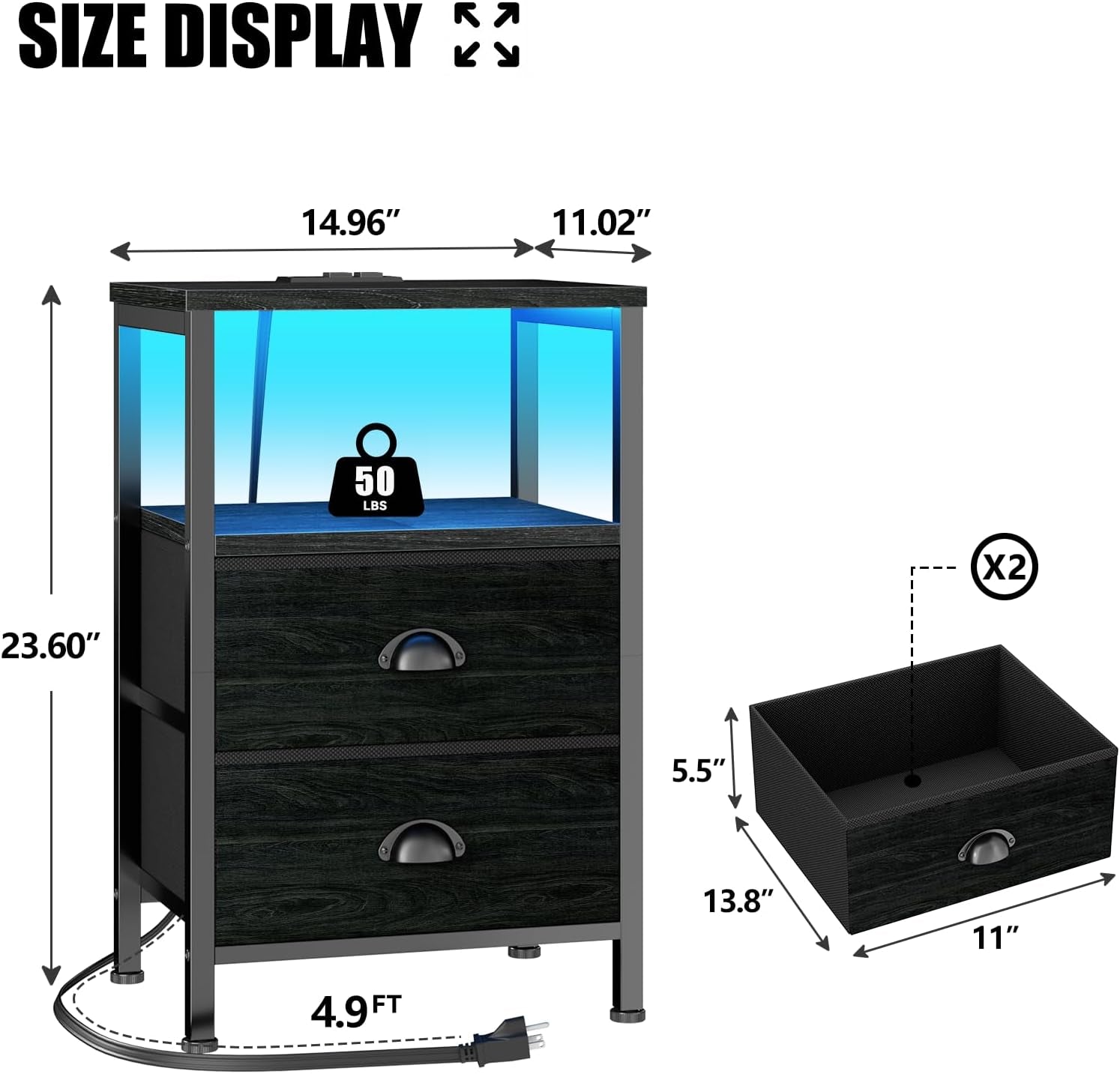 Single nightstand diagram showing top open shelf, two drawers and cable coiled at base with measurement arrows