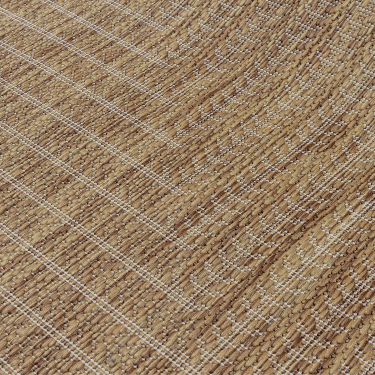 Close-up macro of woven polypropylene fibers and white linear border stitching showing texture and pattern detail