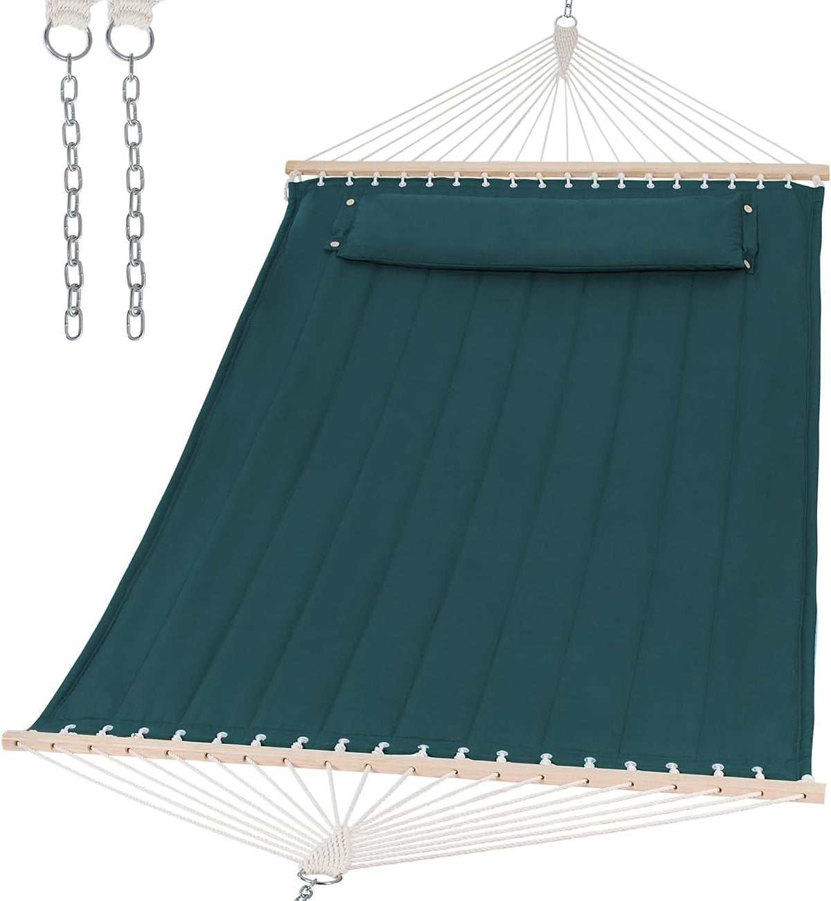 Top-down product view of a deep teal padded hammock with hardwood spreader bars, pillow and hanging chains