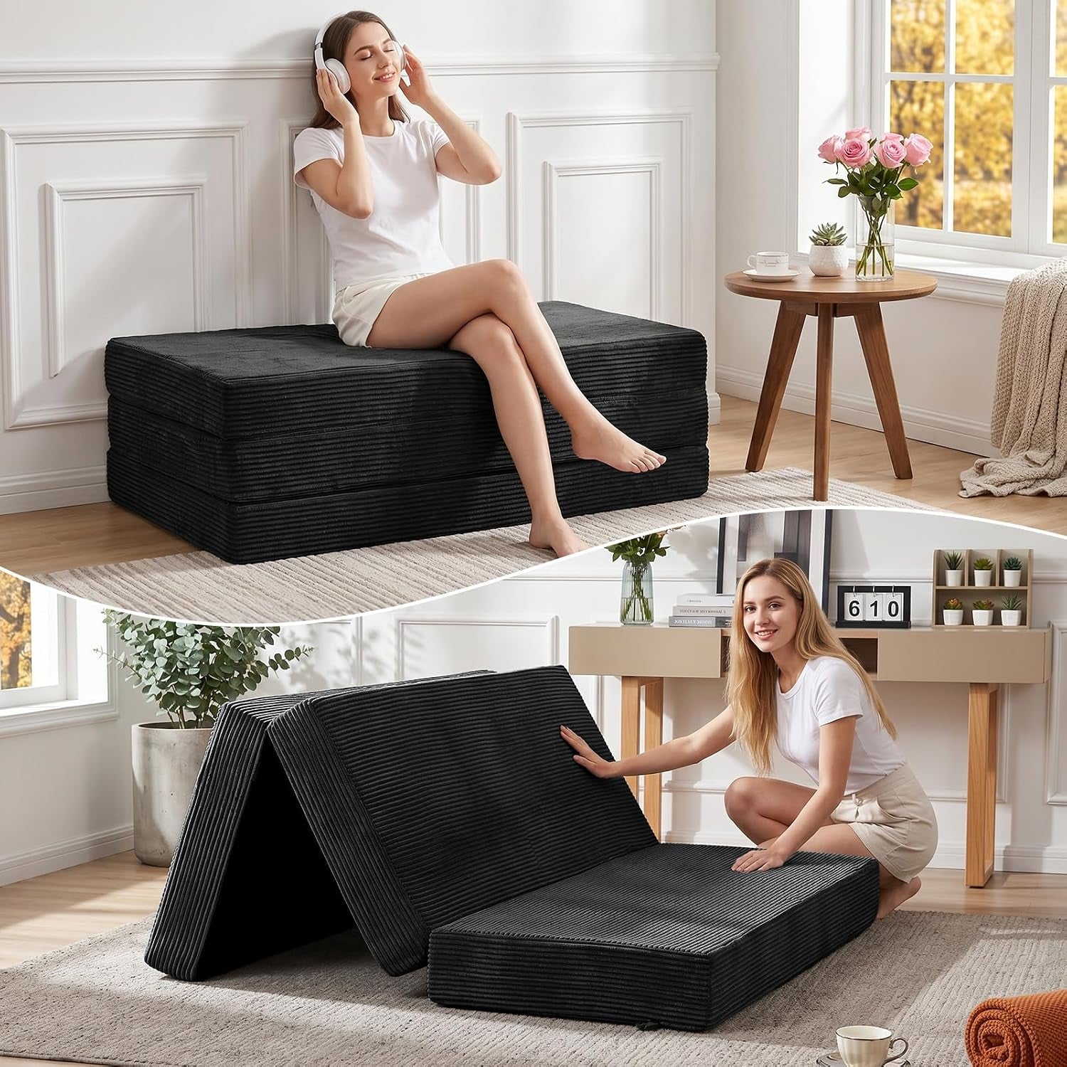 Black tri-fold mattress shown stacked as a bench with a woman sitting and folded into an A-frame next to a coffee cup.