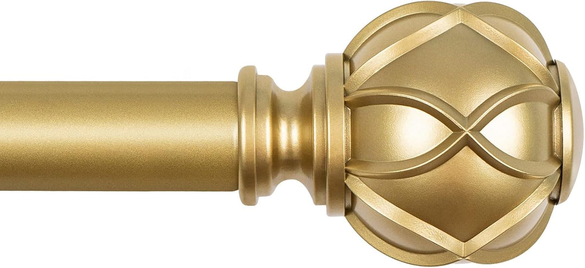 Side view of a gold rod and ornate spherical finial with carved geometric pattern
