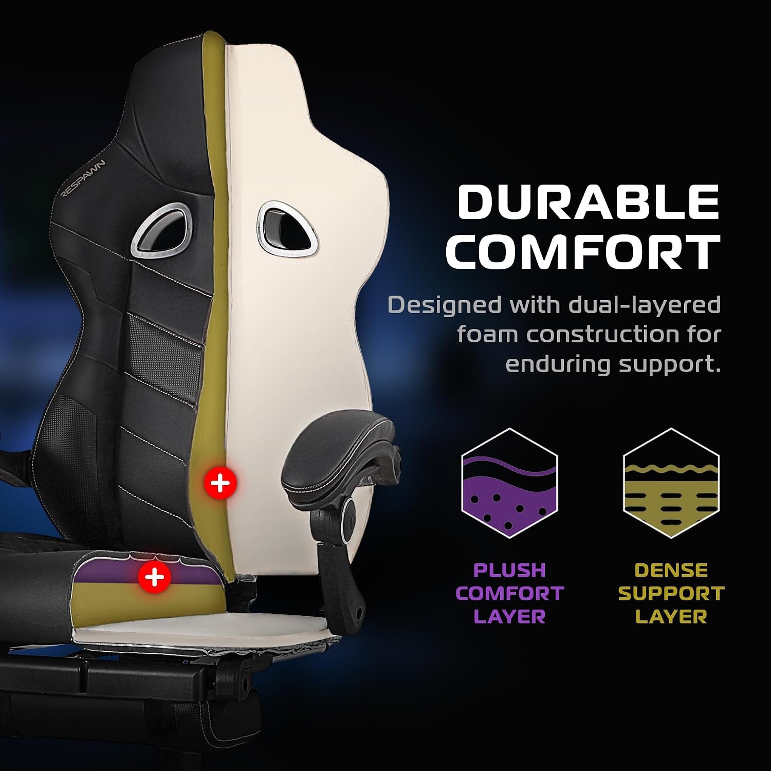Cutaway view of seat showing dual-layered foam construction with plush top layer and dense support layer