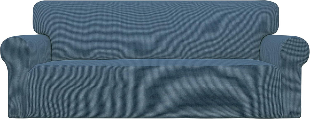 Front view of a slate-blue two-seat sofa covered in a smooth stretch slipcover with rounded arms.