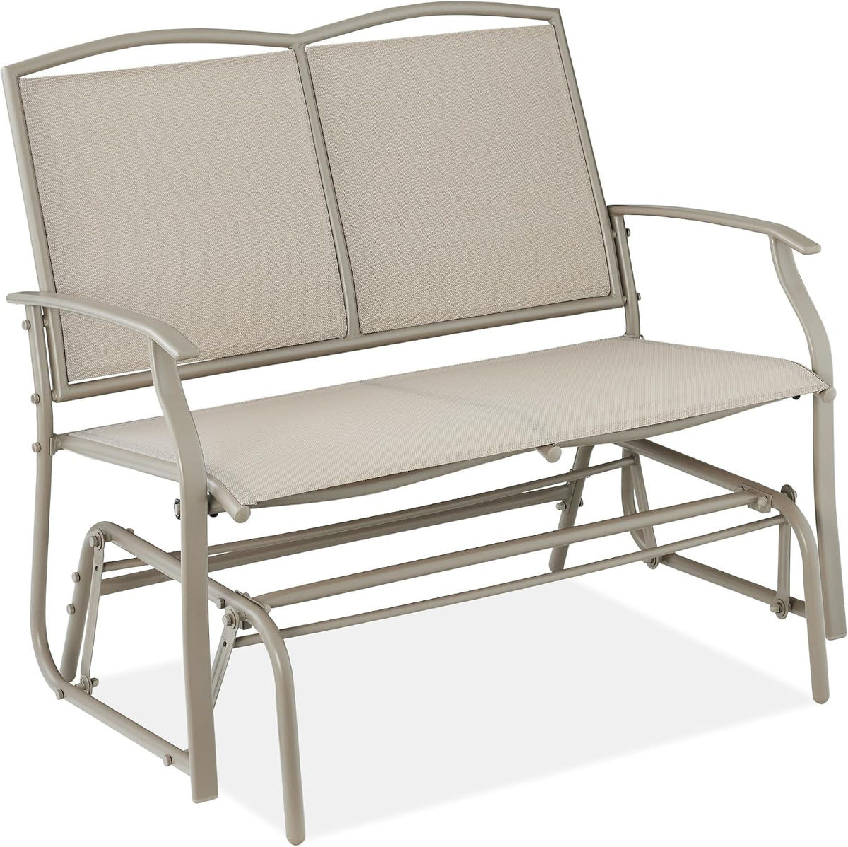 Angled front view of the glider in a light taupe color showing the bench, armrests and matching frame.