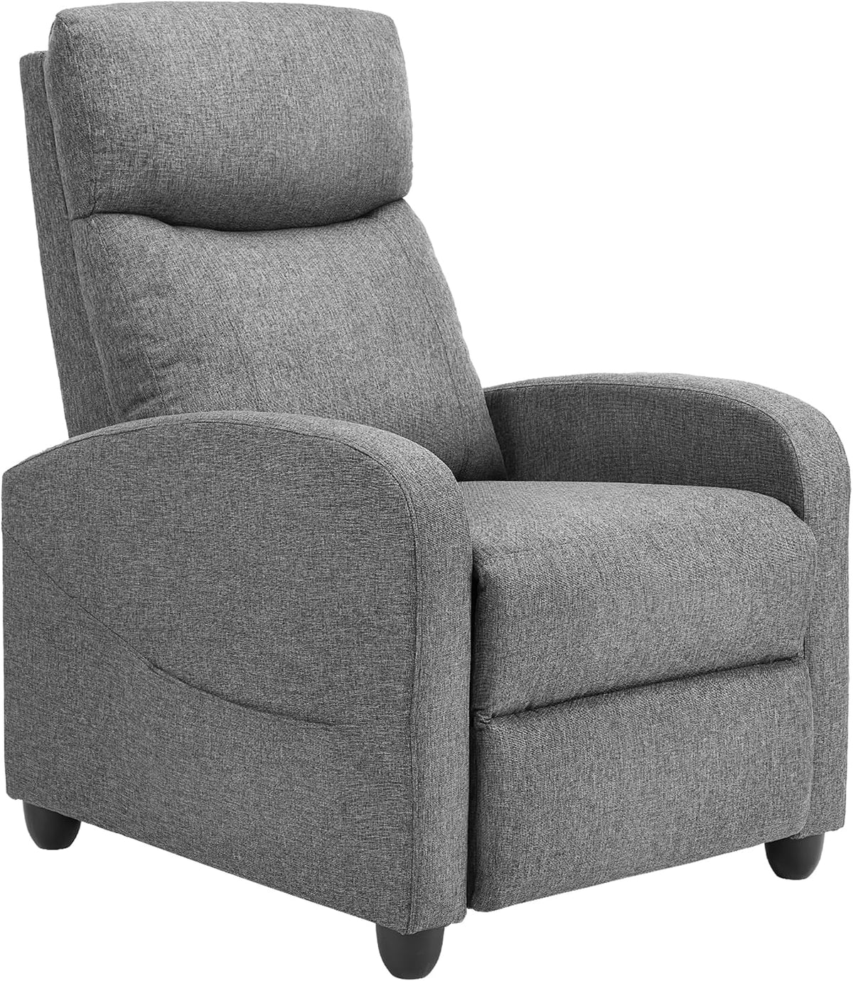 Grey fabric recliner angled slightly right, isolated on white to show curved arms and cushioned back.