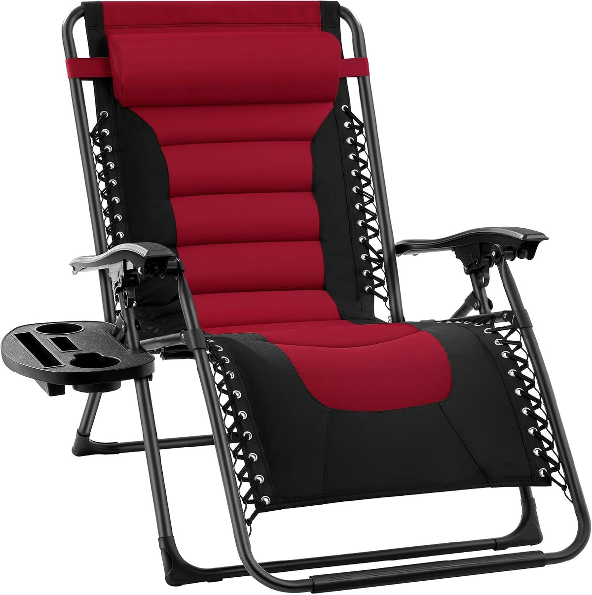 Front-angle view of a two-tone red-and-black recliner highlighting padded lumbar area and cup tray