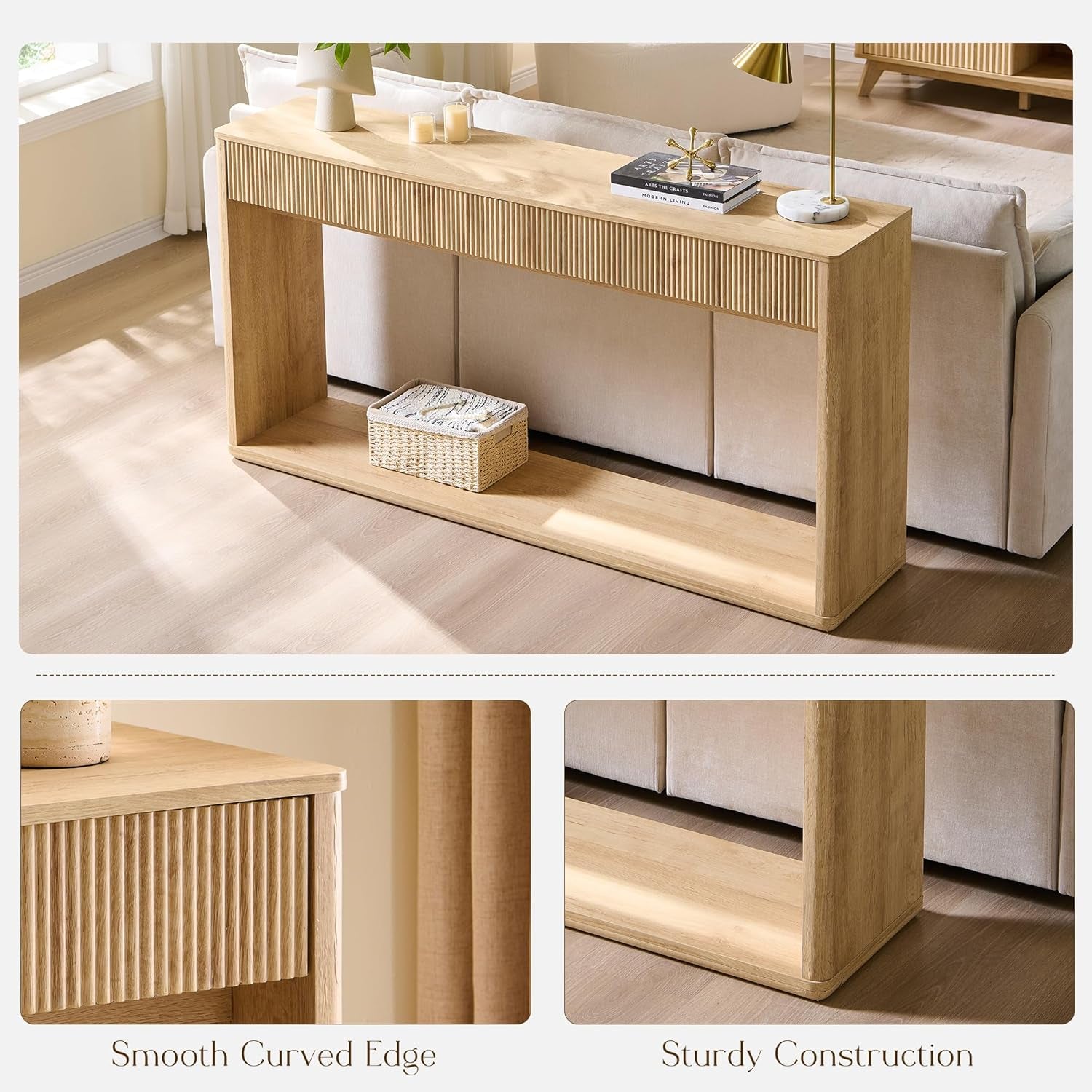 Console table placed behind a sofa showing slim profile, fluted drawer fronts and bottom shelf