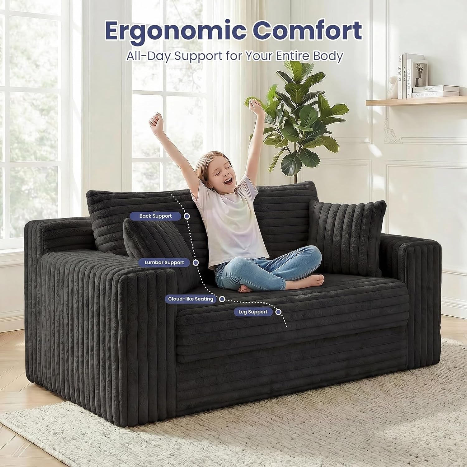 3-In-1 Convertible Sofa Bed: Boneless Loveseat Sleeper & Folding Couch Bed with 4 Pillows & Detachable Cushion,Furry Futon Couch for Bedroom,Apartment,Office and Living Room, No Assembly,Black
