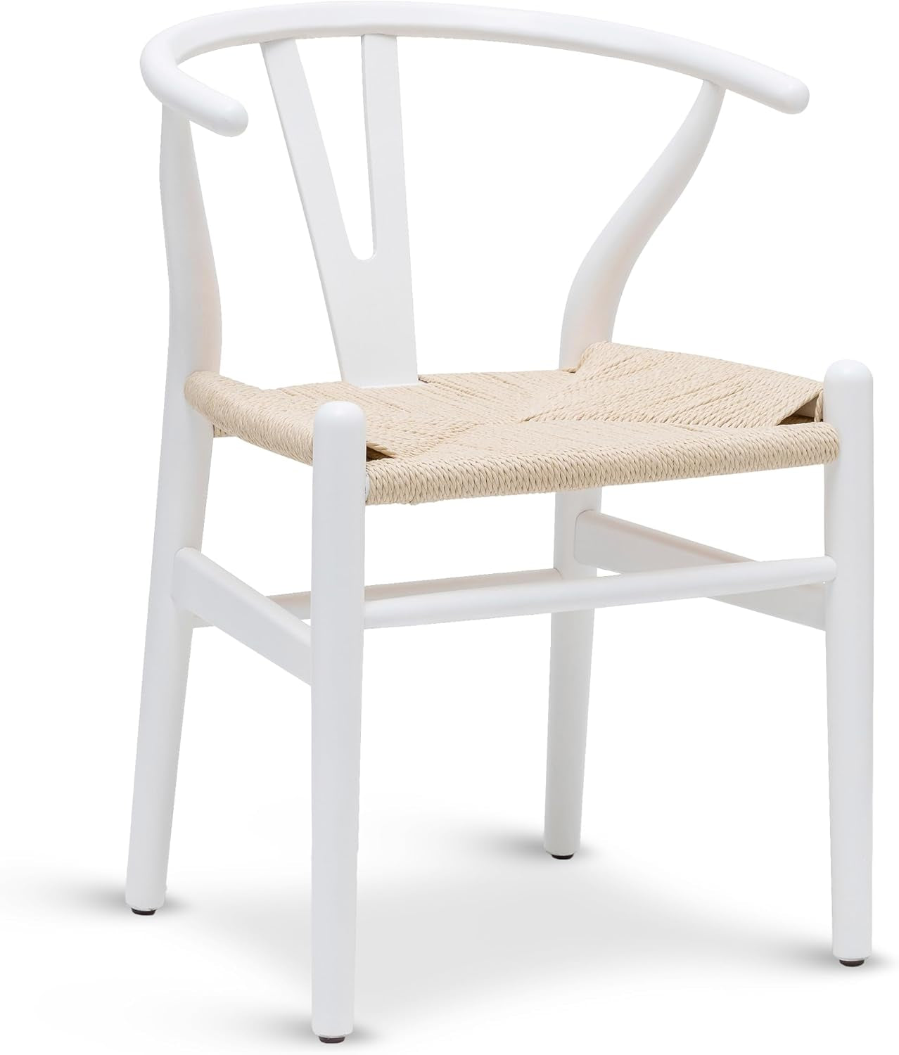 Three-quarter front view of a white-framed wishbone-style dining chair with woven natural seat.