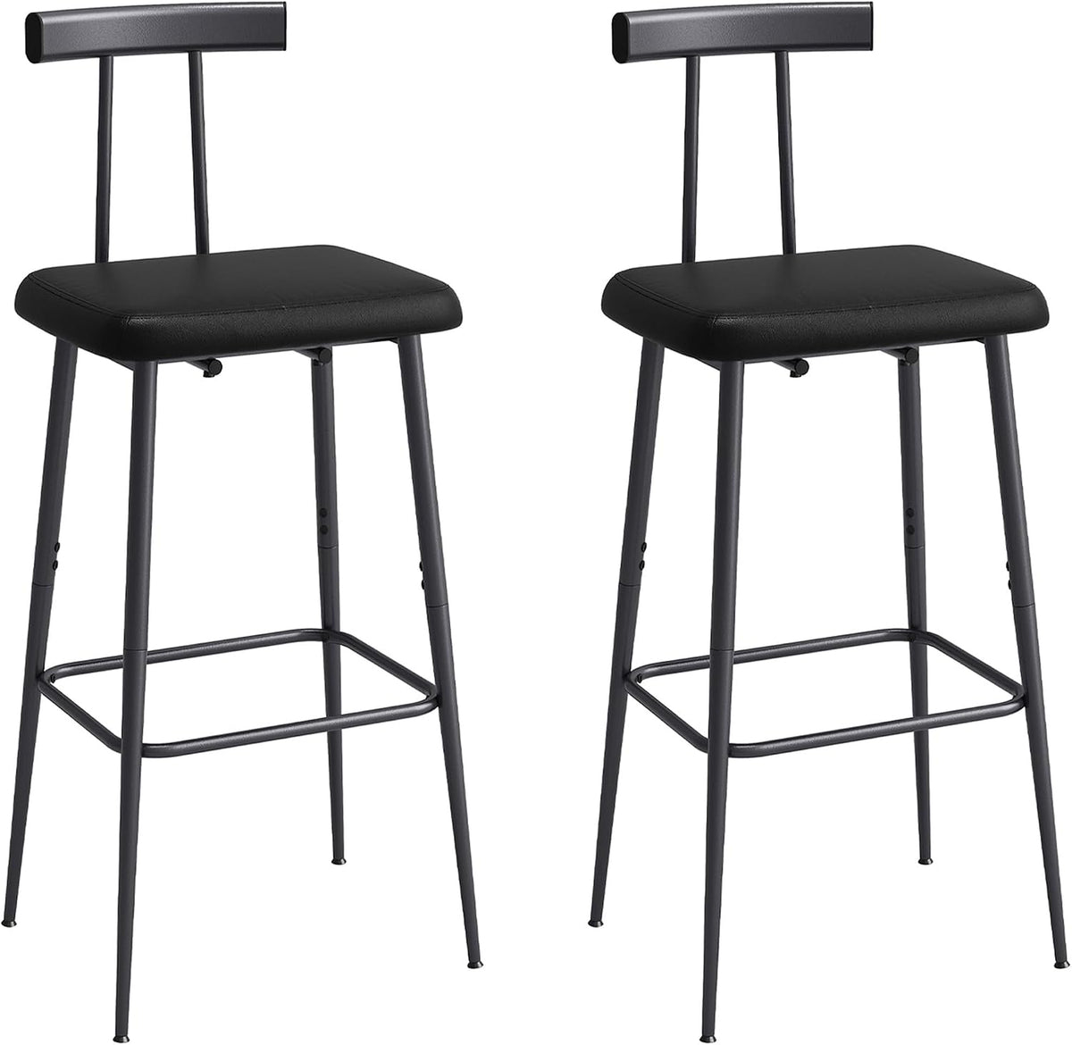 Studio view of a pair of black counter-height stools on a white background showing front and side profiles