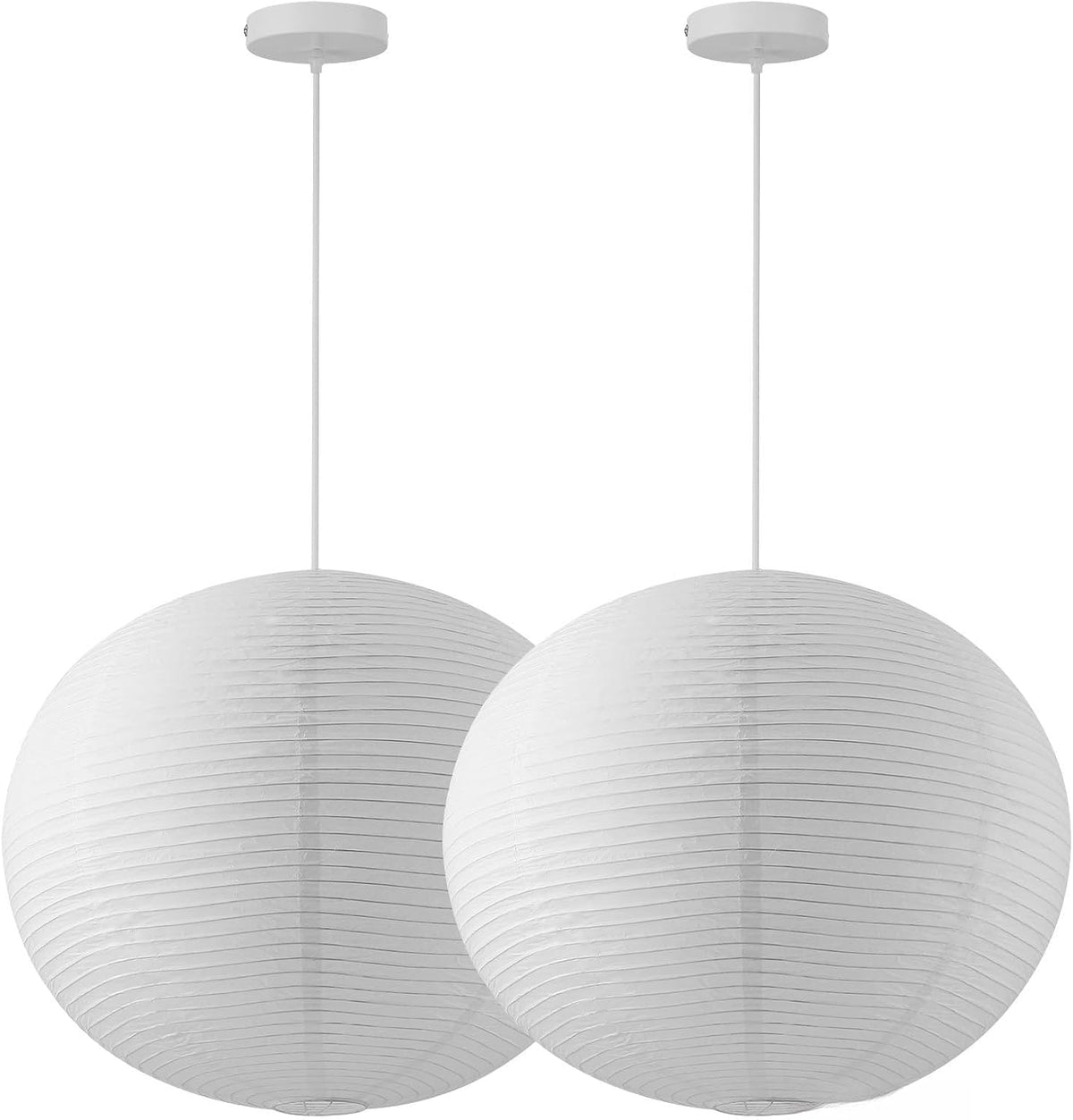 Two off-white paper globe pendants shown side-by-side with white canopies and cords