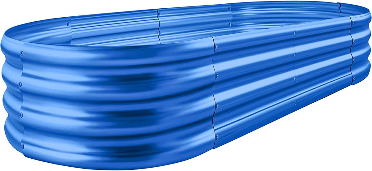 Blue oval corrugated metal raised garden bed shown from a front three-quarter perspective.